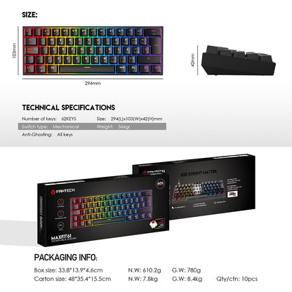 Teclado FANTECH MK857 MAXFIT 61% Hotswappable Mechanical Keyboard with Red Switch & RGB / Español