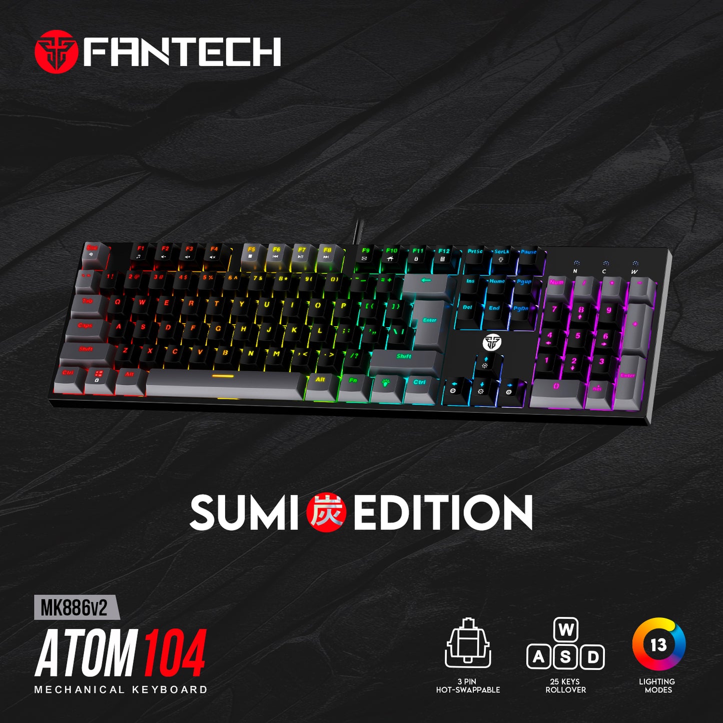 Teclado FANTECH MK886V2 ATOM104 RGB Hotswappable Mechanical Keyboard - Red Switch USA Layout