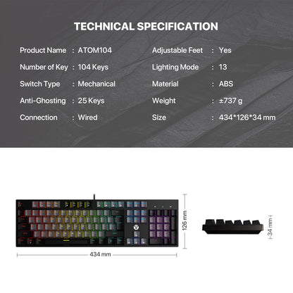 Teclado FANTECH MK886V2 ATOM104 RGB Hotswappable Mechanical Keyboard - Red Switch USA Layout