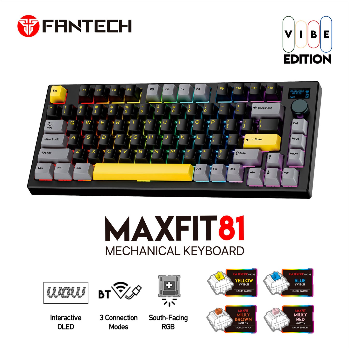 Teclado FANTECH MK910 MAXFIT81 VIBE Grand Cobalt - Hotswappable Mechanical Keyboard with OLED and Milky Red Switches / USA