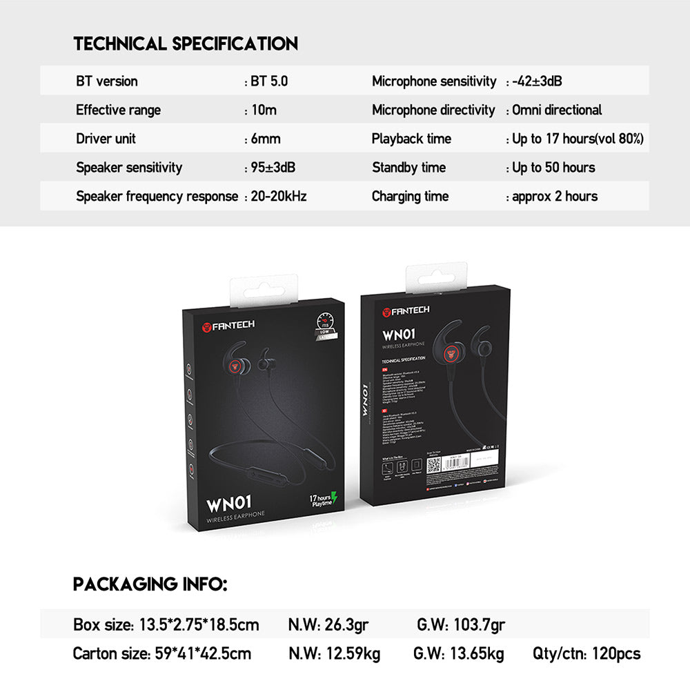 Audífonos FANTECH WN01 Wireless In-Ear Headphones with 17H Playtime & Game Mode