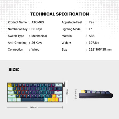 Teclado FANTECH ATOM63 MK874V2 - 60% Hotswappable Mechanical Keyboard with RGB and Switches Blue / USA